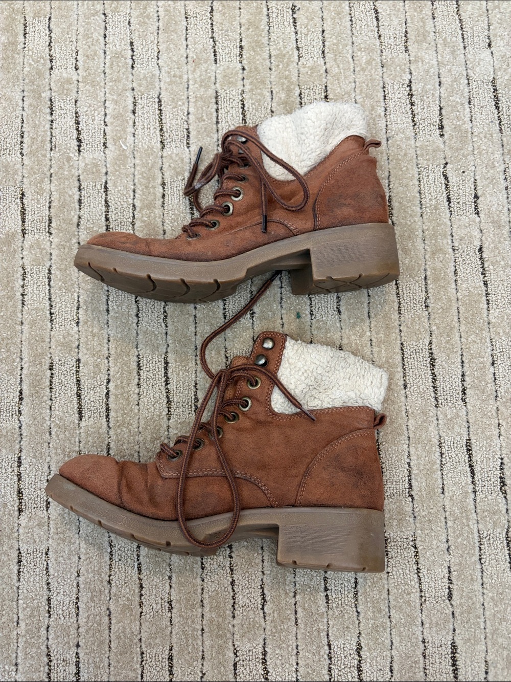 Target Tan Suede Lace-Up Ankle Boots with Ivory Sherpa Collar
